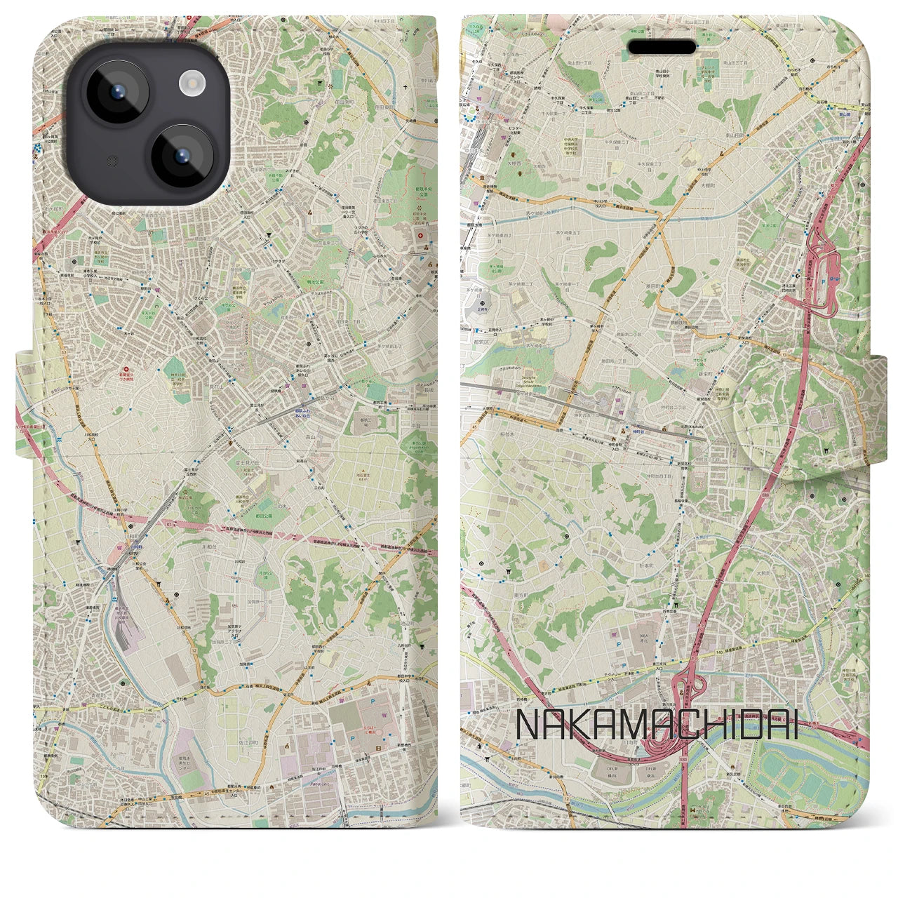 【仲町台(神奈川県)】地図柄iPhoneケース(手帳タイプ)ナチュラル・iPhone 14 Plus 用