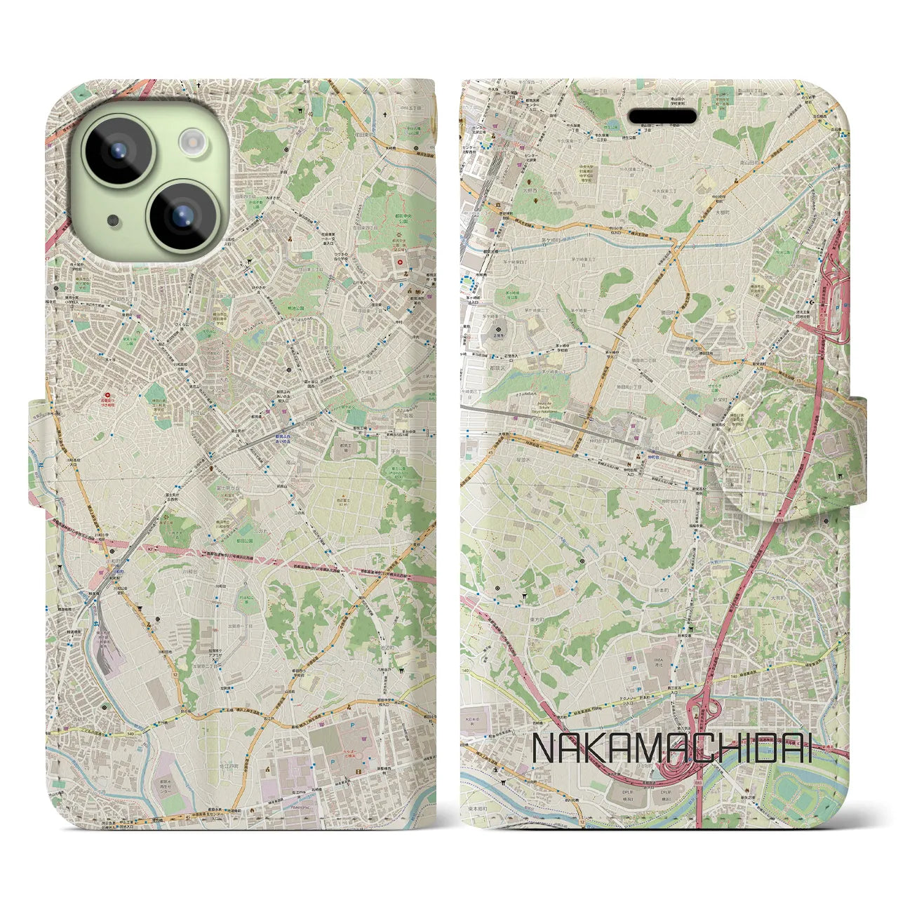 【仲町台(神奈川県)】地図柄iPhoneケース(手帳タイプ)ナチュラル・iPhone 15 用
