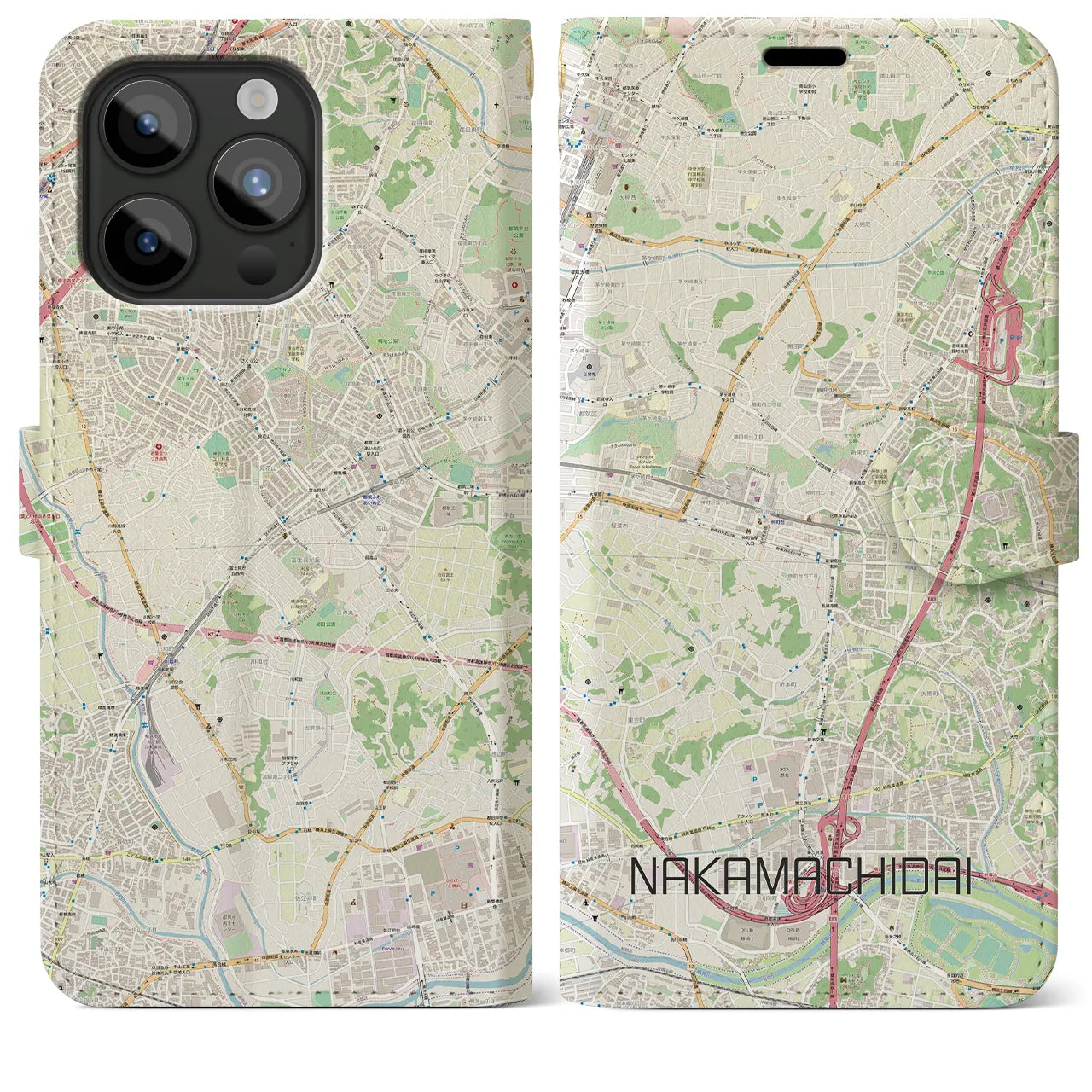 【仲町台(神奈川県)】地図柄iPhoneケース(手帳タイプ)ナチュラル・iPhone 15 Pro Max 用