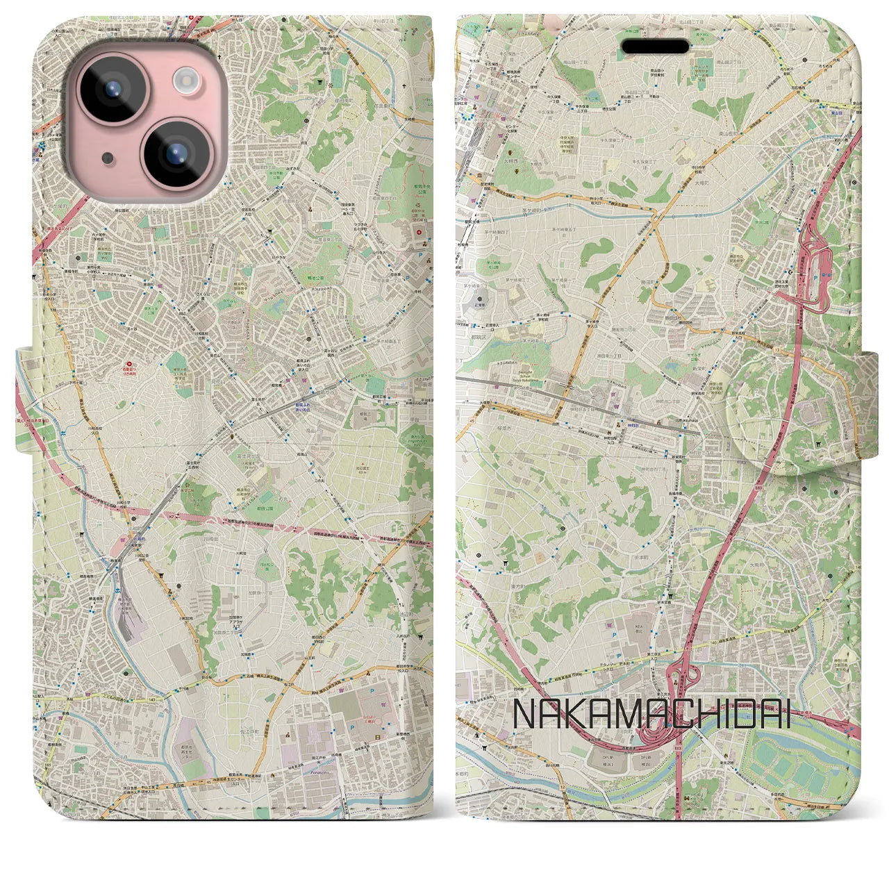 【仲町台(神奈川県)】地図柄iPhoneケース(手帳タイプ)ナチュラル・iPhone 15 Plus 用