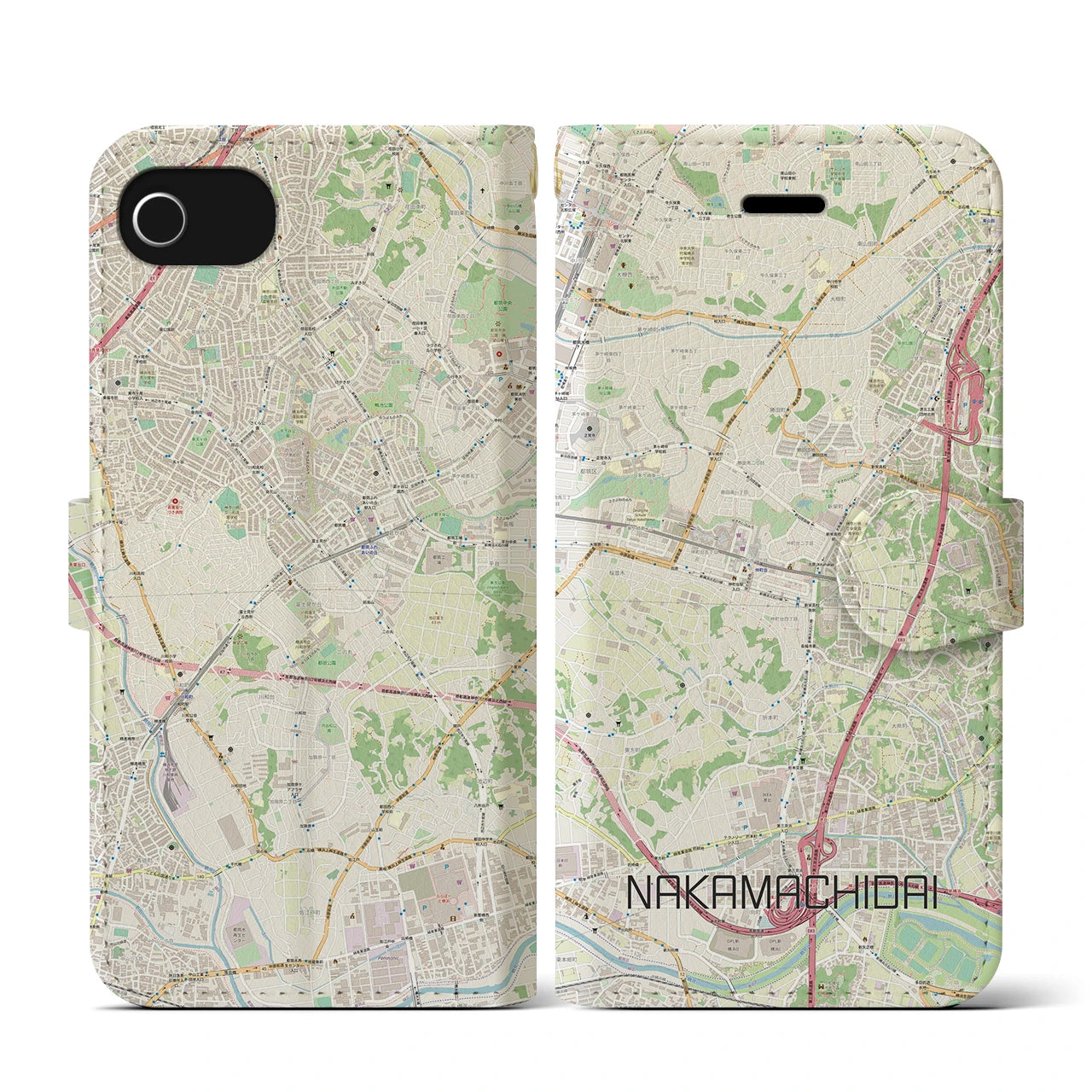 【仲町台(神奈川県)】地図柄iPhoneケース(手帳タイプ)ナチュラル・iPhone SE(第3 / 第2世代) / 8 / 7 / 6s / 6 用