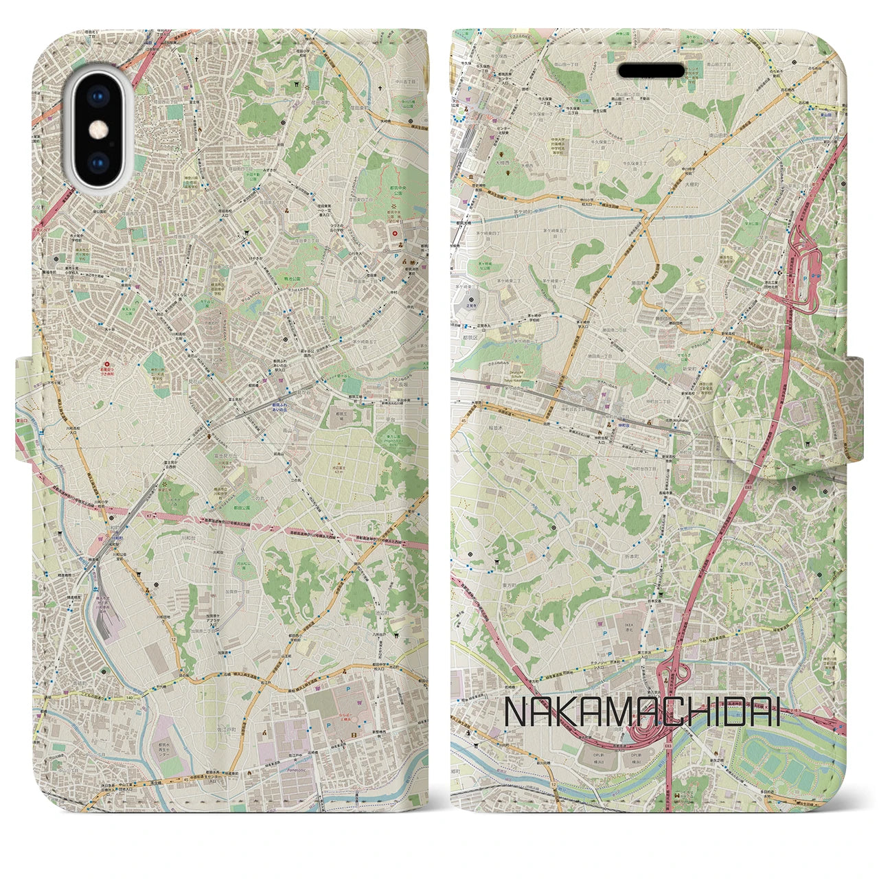 【仲町台(神奈川県)】地図柄iPhoneケース(手帳タイプ)ナチュラル・iPhone XS Max 用
