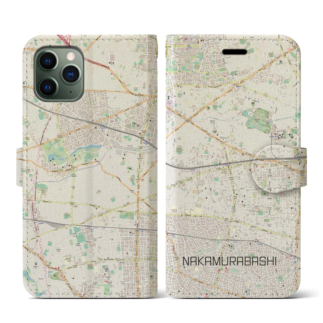【中村橋(東京都)】地図柄iPhoneケース(手帳タイプ)ナチュラル・iPhone 11 Pro 用