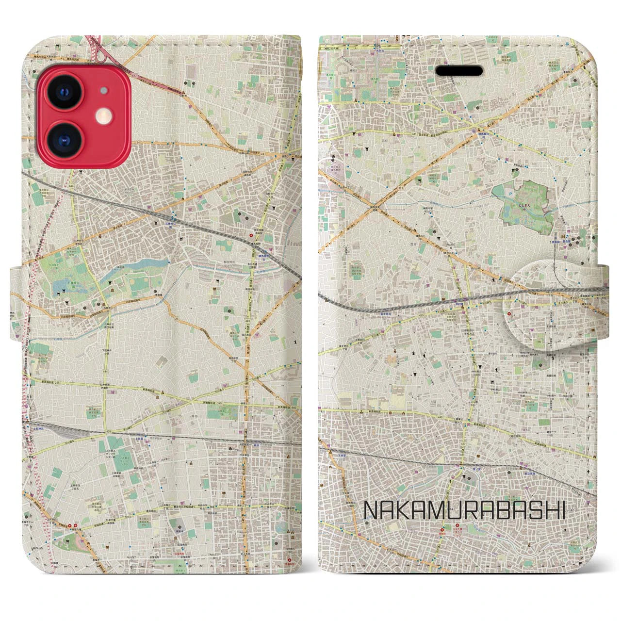 【中村橋(東京都)】地図柄iPhoneケース(手帳タイプ)ナチュラル・iPhone 11 用