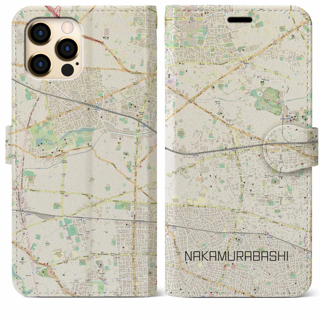 【中村橋(東京都)】地図柄iPhoneケース(手帳タイプ)ナチュラル・iPhone 12 Pro Max 用