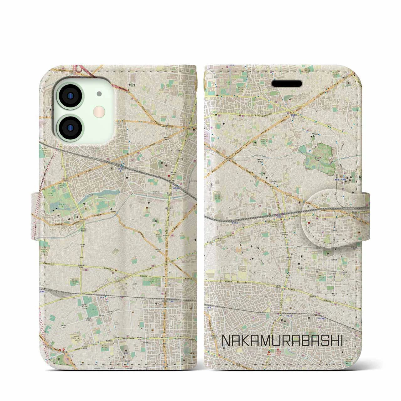 【中村橋(東京都)】地図柄iPhoneケース(手帳タイプ)ナチュラル・iPhone 12 mini 用