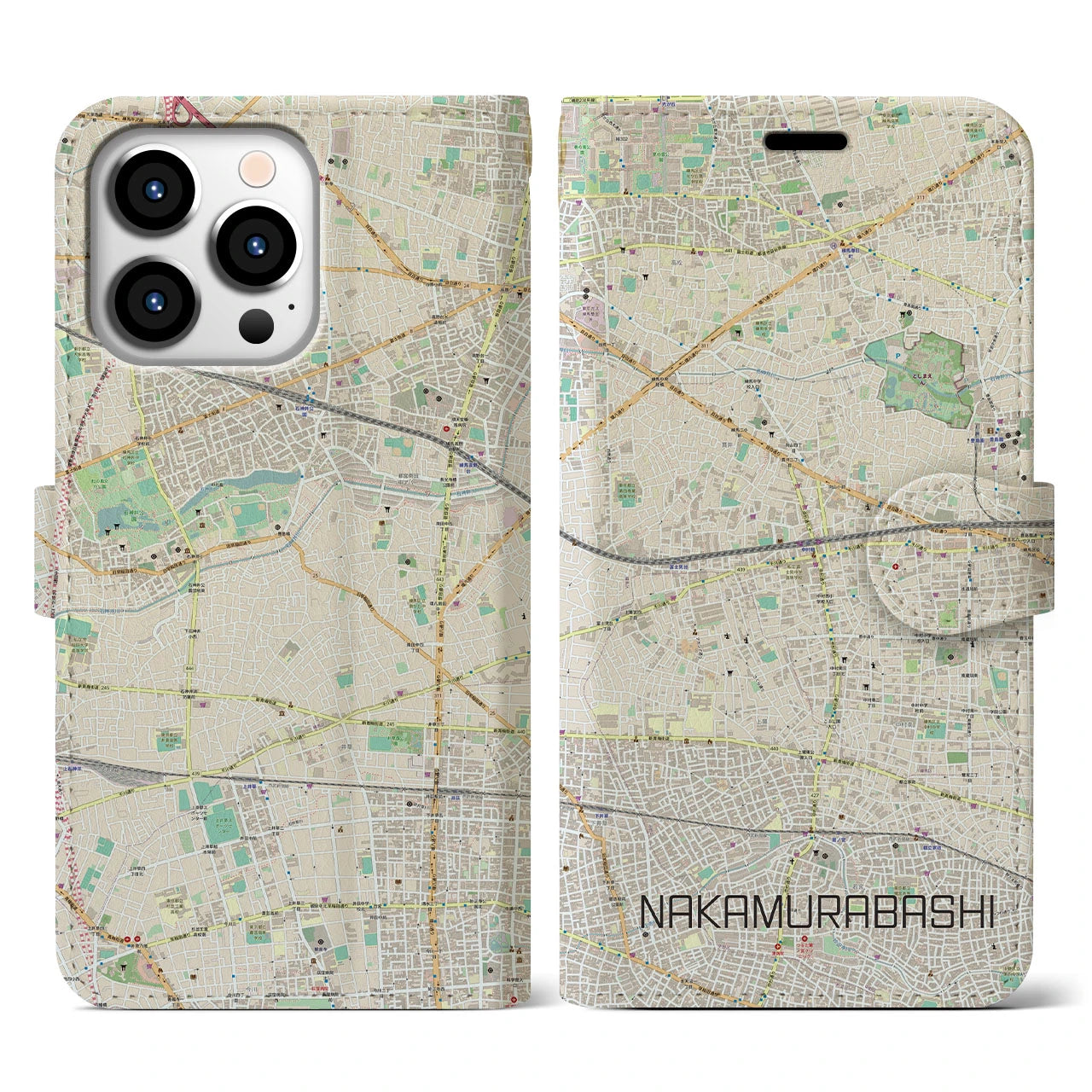 【中村橋(東京都)】地図柄iPhoneケース(手帳タイプ)ナチュラル・iPhone 13 Pro 用