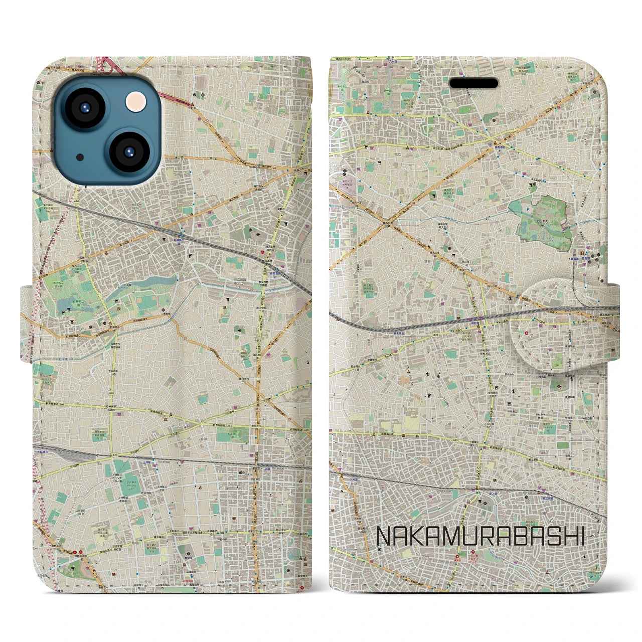 【中村橋(東京都)】地図柄iPhoneケース(手帳タイプ)ナチュラル・iPhone 13 用