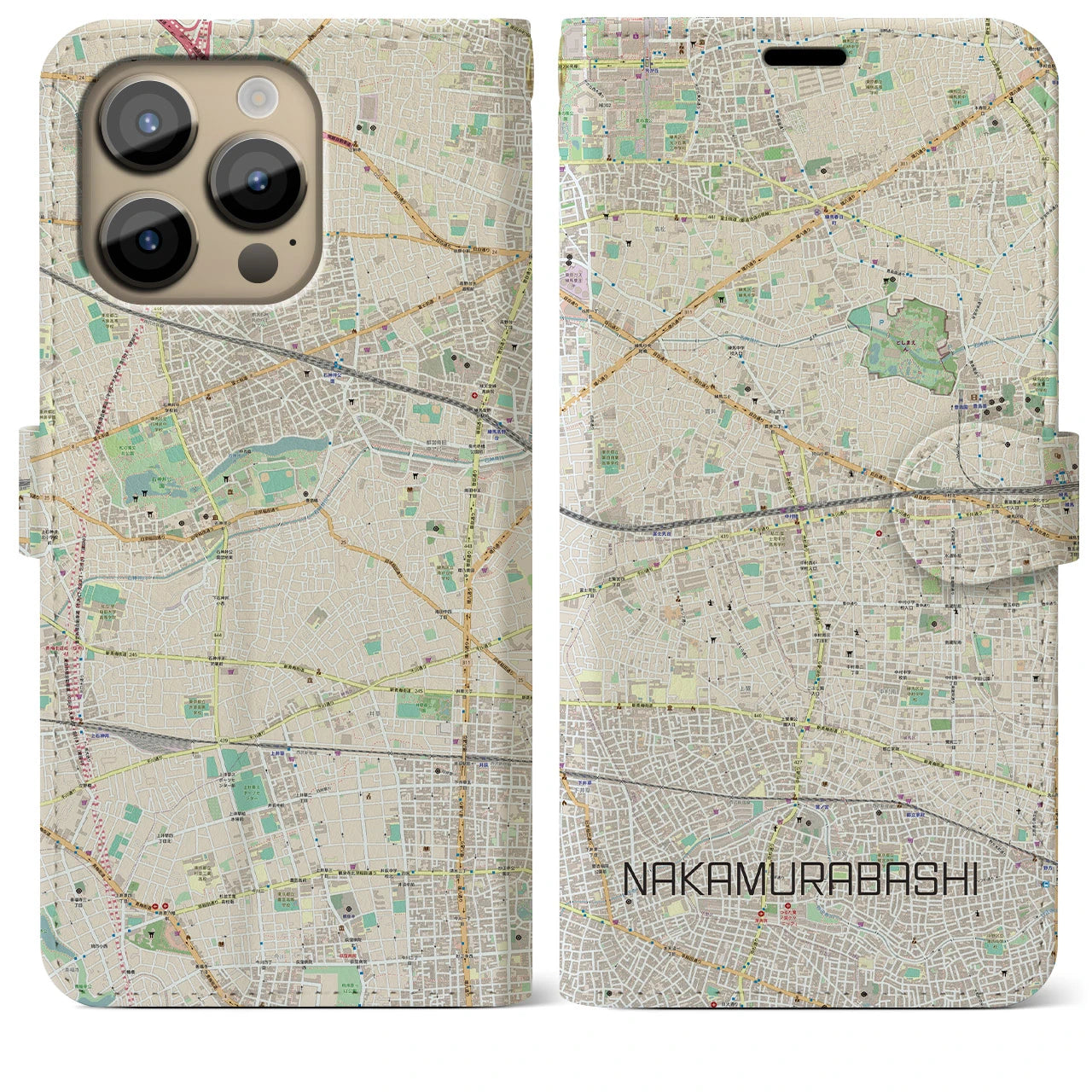 【中村橋(東京都)】地図柄iPhoneケース(手帳タイプ)ナチュラル・iPhone 14 Pro Max 用