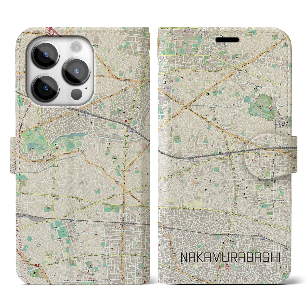【中村橋(東京都)】地図柄iPhoneケース(手帳タイプ)ナチュラル・iPhone 14 Pro 用