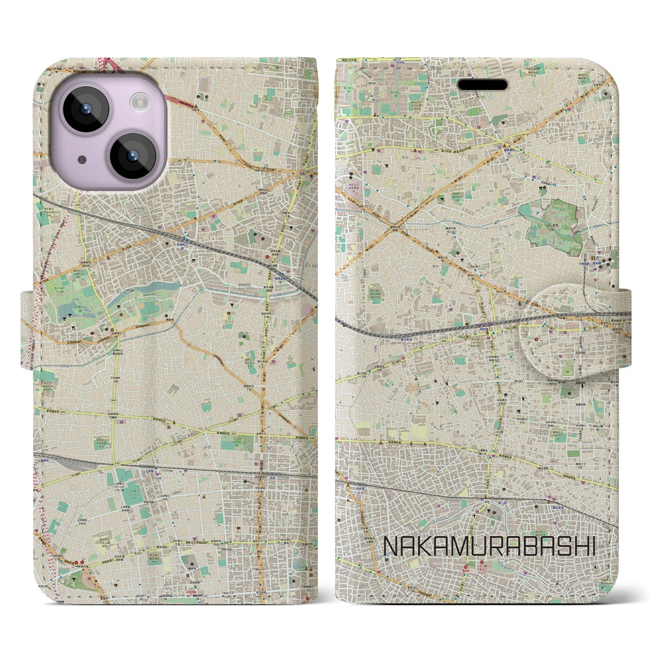 【中村橋(東京都)】地図柄iPhoneケース(手帳タイプ)ナチュラル・iPhone 14 用