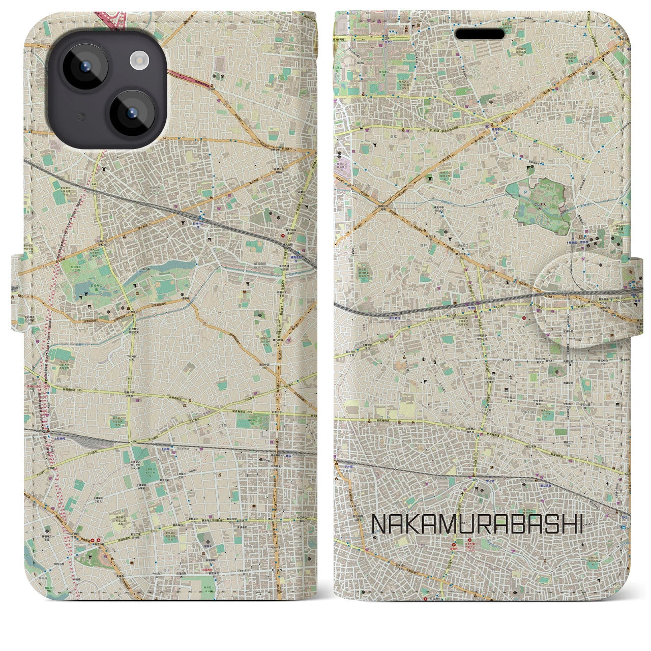 【中村橋(東京都)】地図柄iPhoneケース(手帳タイプ)ナチュラル・iPhone 14 Plus 用