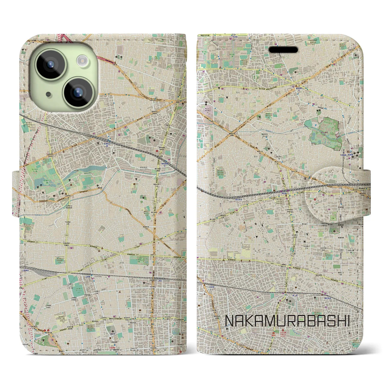 【中村橋(東京都)】地図柄iPhoneケース(手帳タイプ)ナチュラル・iPhone 15 用