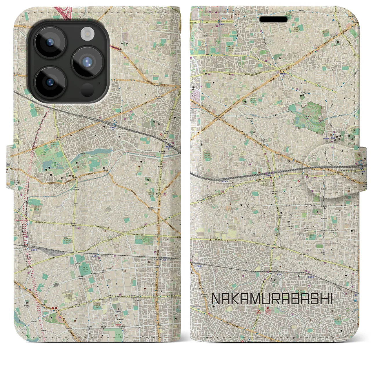 【中村橋(東京都)】地図柄iPhoneケース(手帳タイプ)ナチュラル・iPhone 15 Pro Max 用