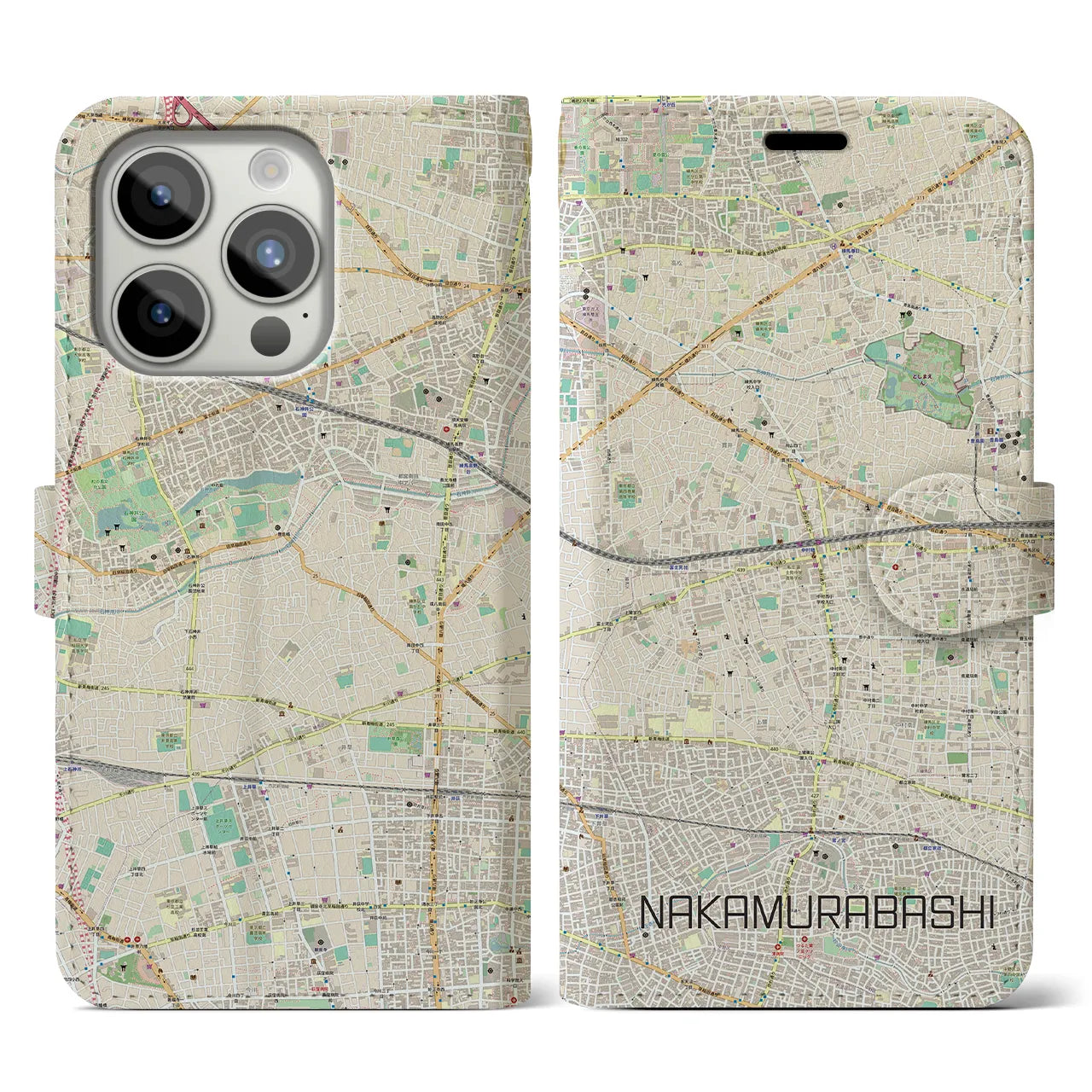 【中村橋(東京都)】地図柄iPhoneケース(手帳タイプ)ナチュラル・iPhone 15 Pro 用