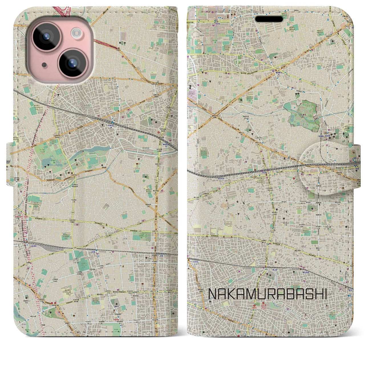 【中村橋(東京都)】地図柄iPhoneケース(手帳タイプ)ナチュラル・iPhone 15 Plus 用