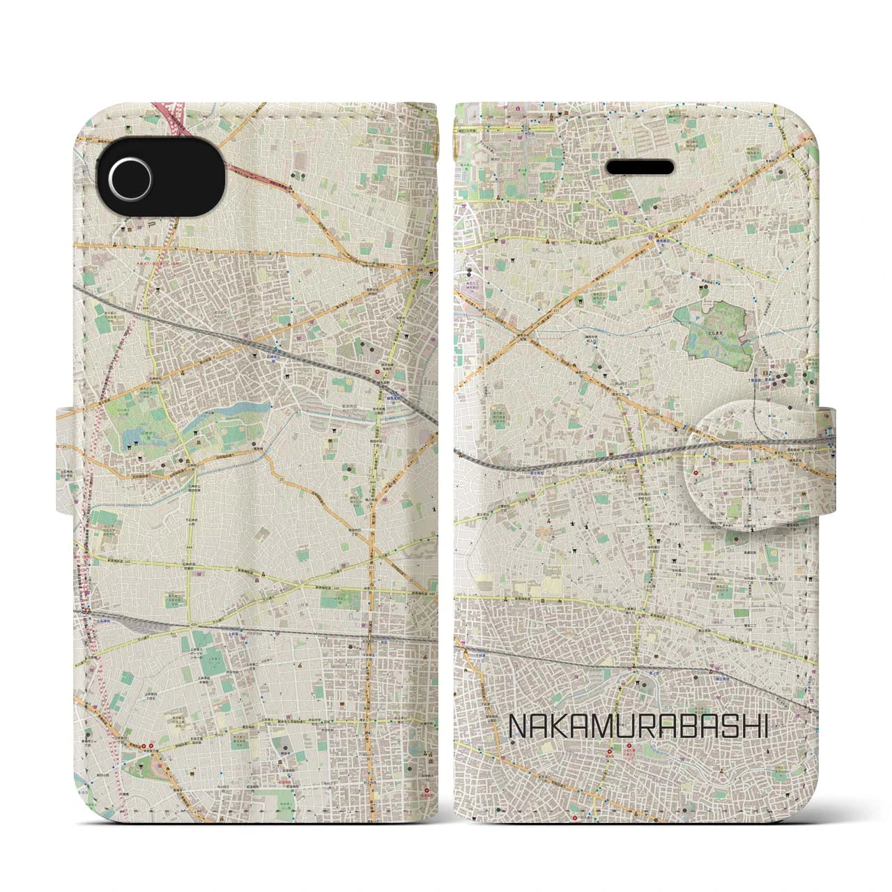 【中村橋(東京都)】地図柄iPhoneケース(手帳タイプ)ナチュラル・iPhone SE(第3 / 第2世代) / 8 / 7 / 6s / 6 用