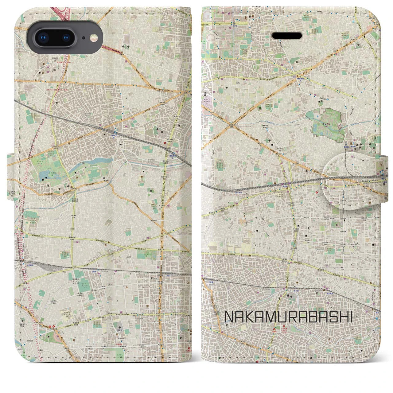 【中村橋(東京都)】地図柄iPhoneケース(手帳タイプ)ナチュラル・iPhone 8Plus /7Plus / 6sPlus / 6Plus 用