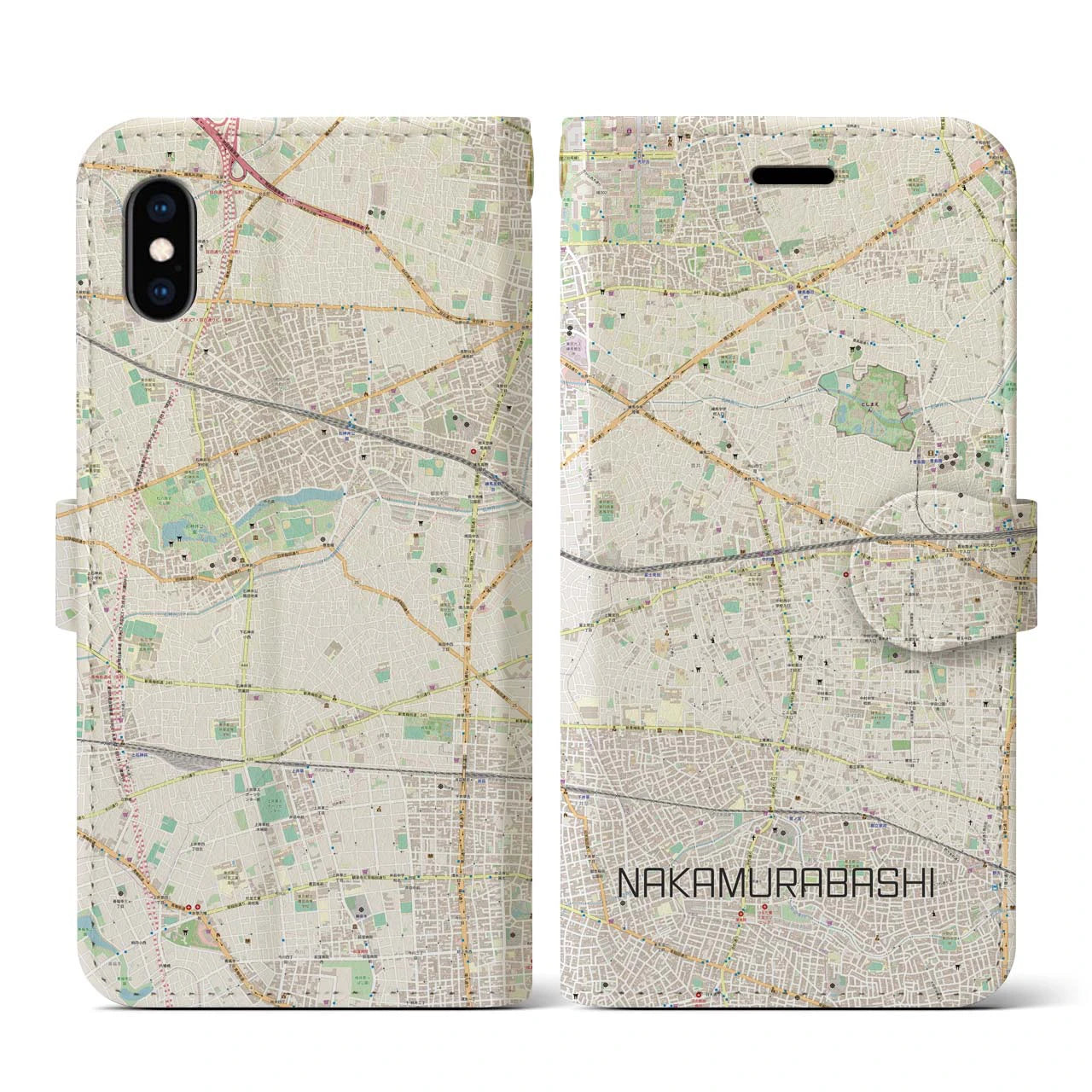 【中村橋(東京都)】地図柄iPhoneケース(手帳タイプ)ナチュラル・iPhone XS / X 用