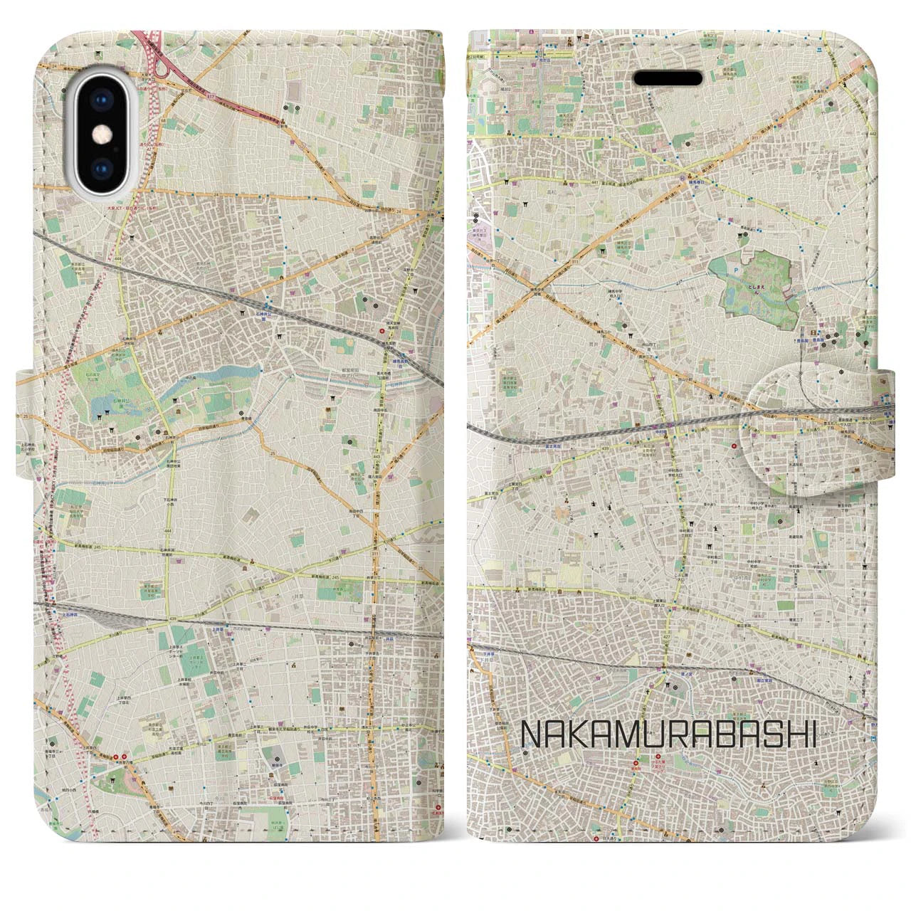 【中村橋(東京都)】地図柄iPhoneケース(手帳タイプ)ナチュラル・iPhone XS Max 用