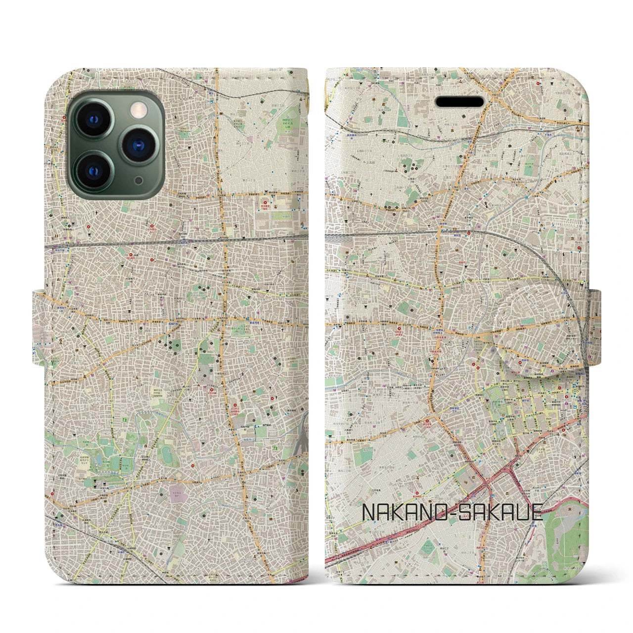 【中野坂上(東京都)】地図柄iPhoneケース(手帳タイプ)ナチュラル・iPhone 11 Pro 用