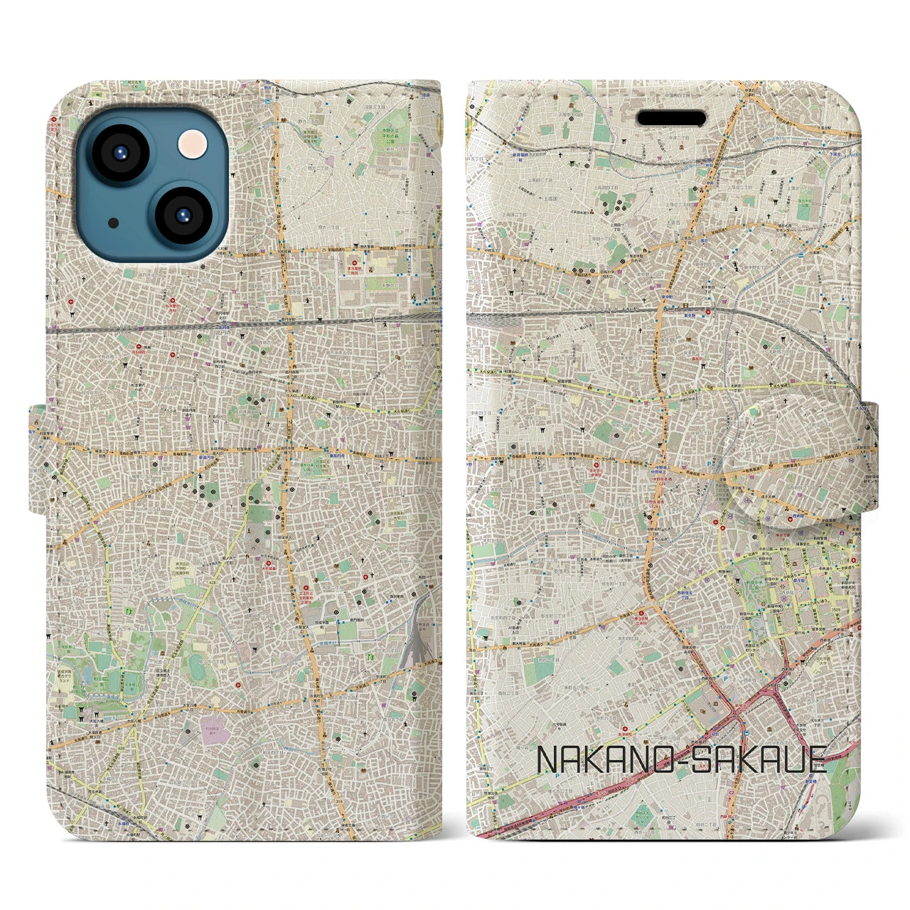 【中野坂上(東京都)】地図柄iPhoneケース(手帳タイプ)ナチュラル・iPhone 13 用