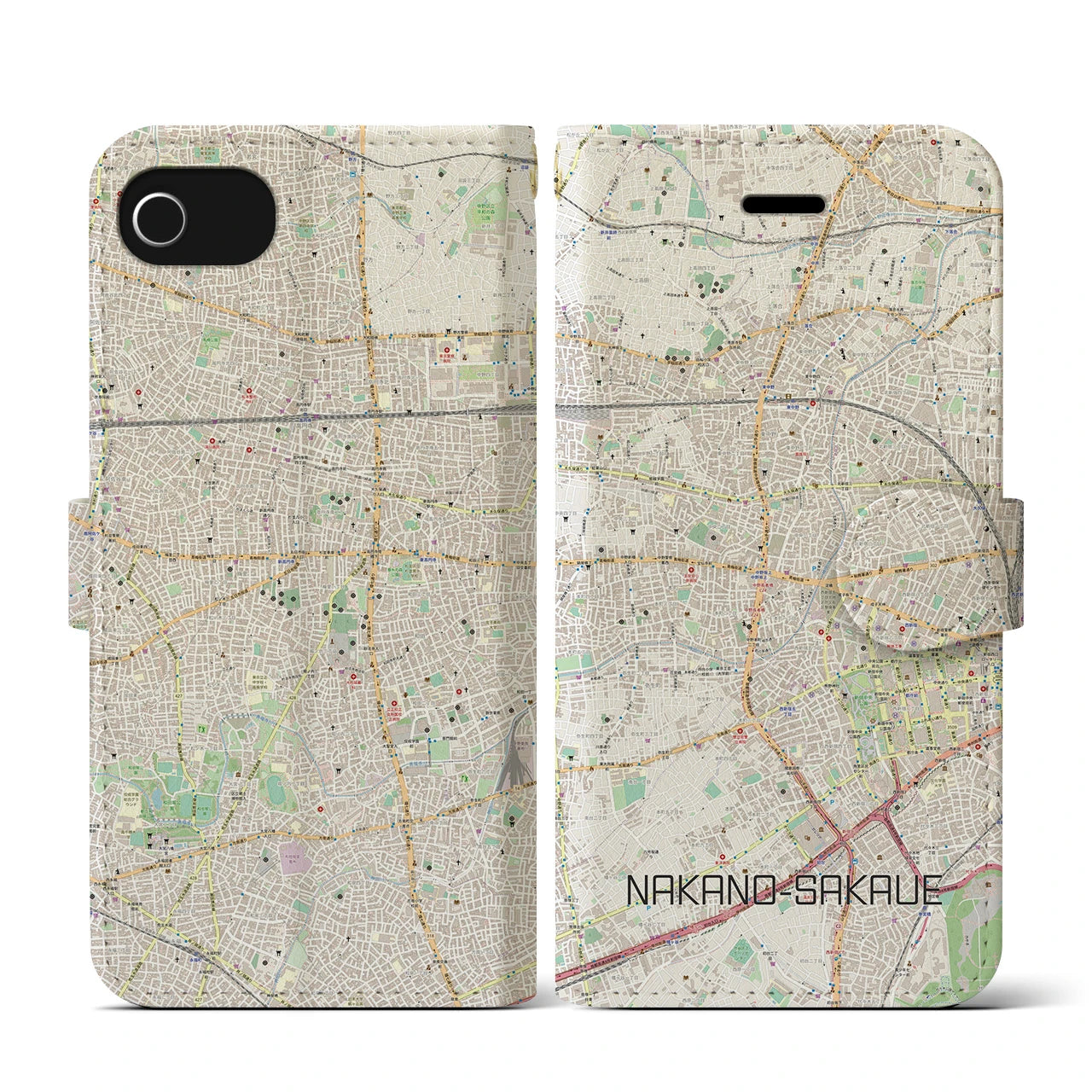 【中野坂上(東京都)】地図柄iPhoneケース(手帳タイプ)ナチュラル・iPhone SE(第3 / 第2世代) / 8 / 7 / 6s / 6 用