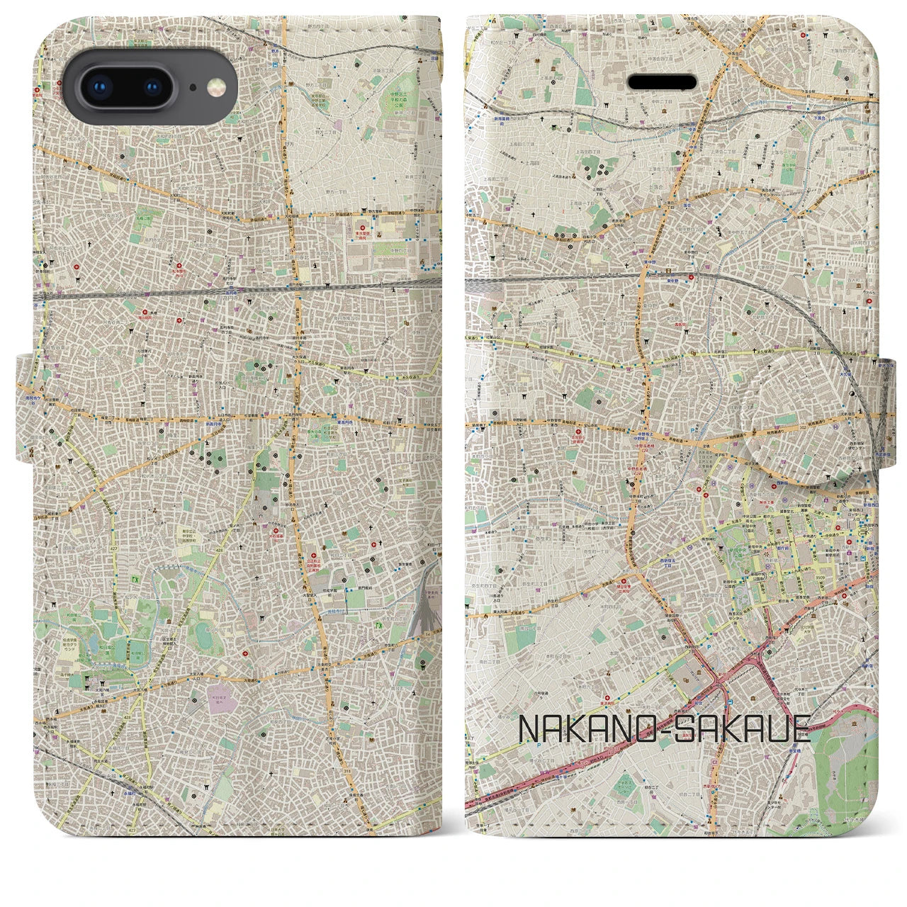 【中野坂上(東京都)】地図柄iPhoneケース(手帳タイプ)ナチュラル・iPhone 8Plus /7Plus / 6sPlus / 6Plus 用