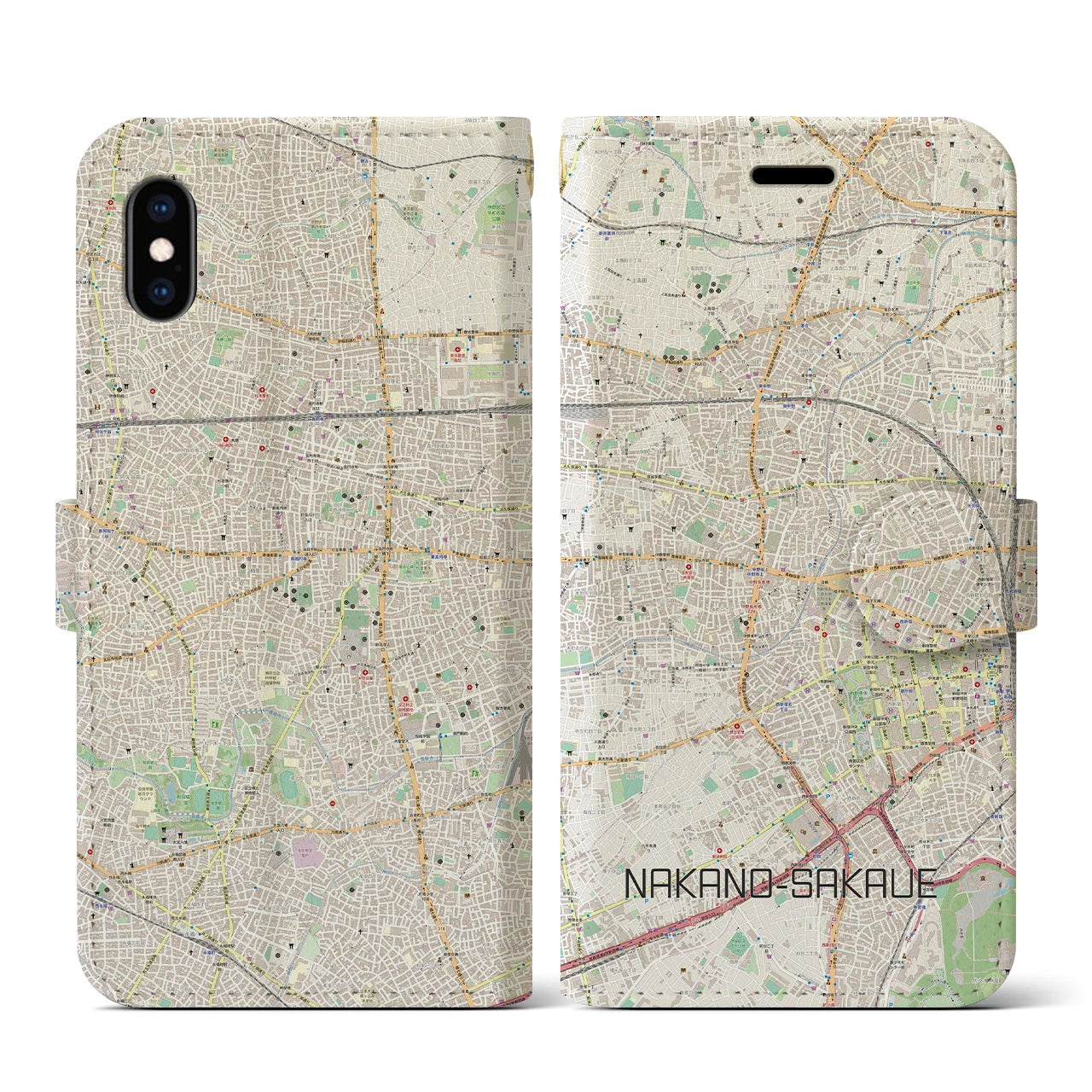 【中野坂上(東京都)】地図柄iPhoneケース(手帳タイプ)ナチュラル・iPhone XS / X 用