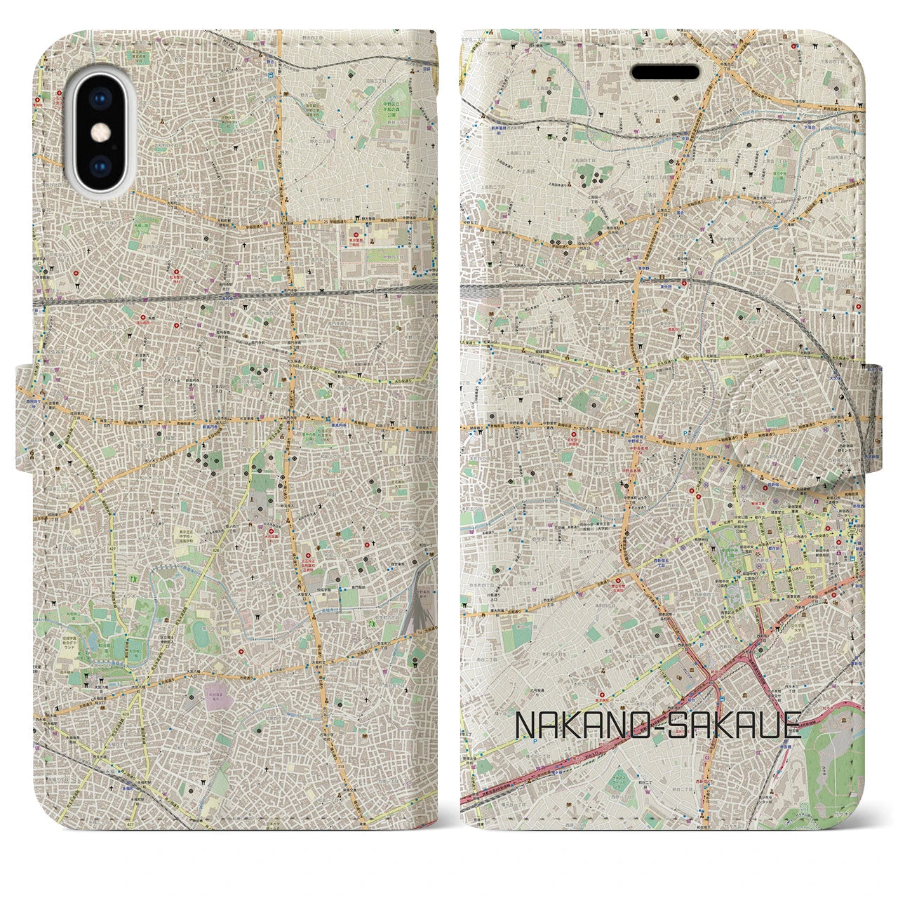 【中野坂上(東京都)】地図柄iPhoneケース(手帳タイプ)ナチュラル・iPhone XS Max 用