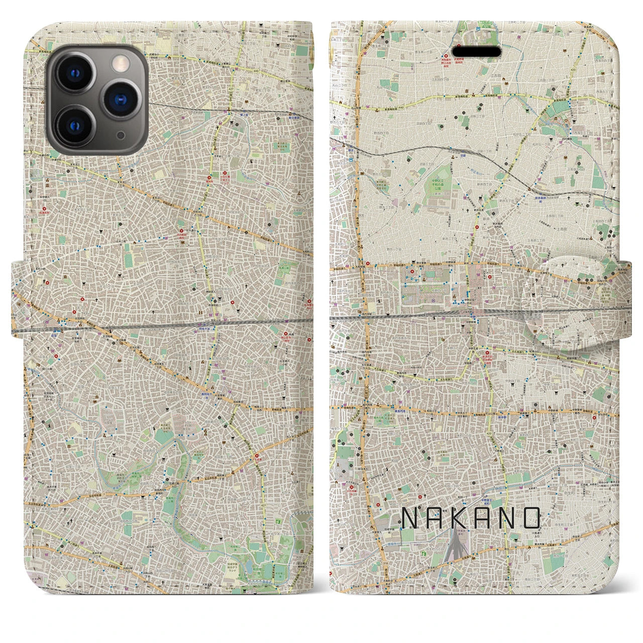 【中野2(東京都)】地図柄iPhoneケース(手帳タイプ)ナチュラル・iPhone 11 Pro Max 用