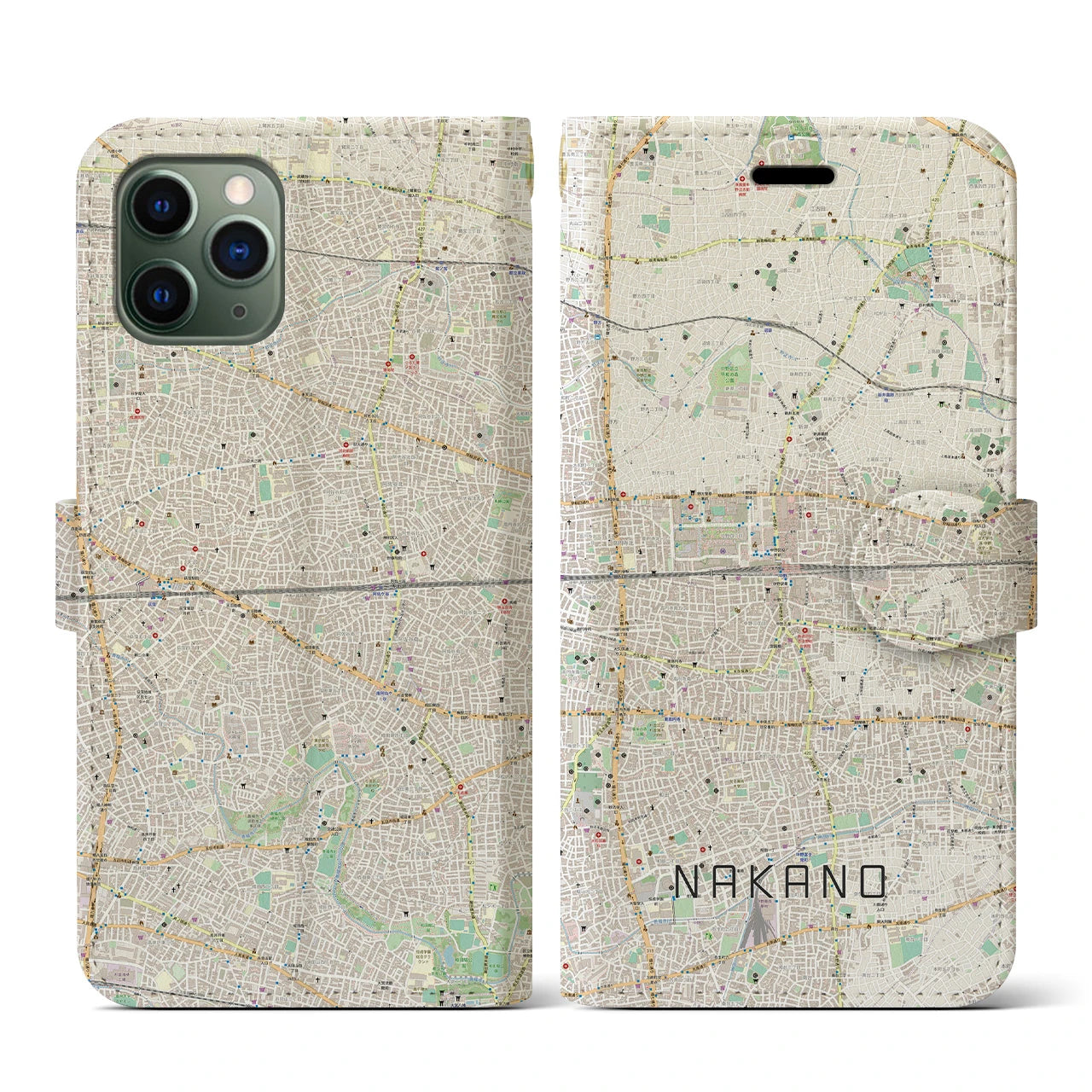 【中野2(東京都)】地図柄iPhoneケース(手帳タイプ)ナチュラル・iPhone 11 Pro 用
