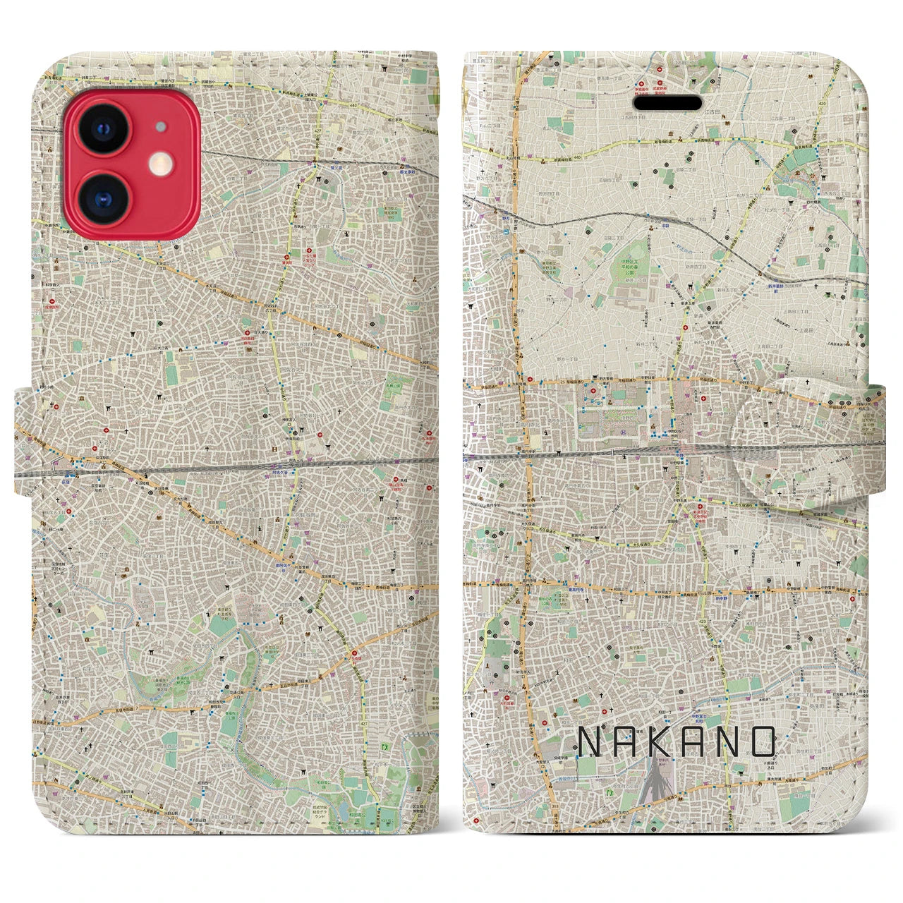 【中野2(東京都)】地図柄iPhoneケース(手帳タイプ)ナチュラル・iPhone 11 用