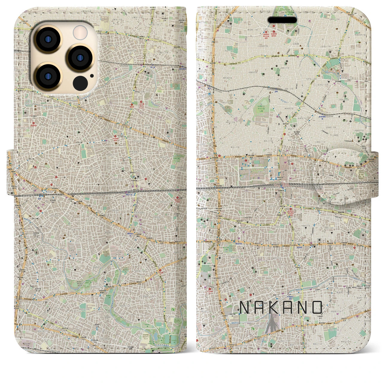 【中野2(東京都)】地図柄iPhoneケース(手帳タイプ)ナチュラル・iPhone 12 Pro Max 用