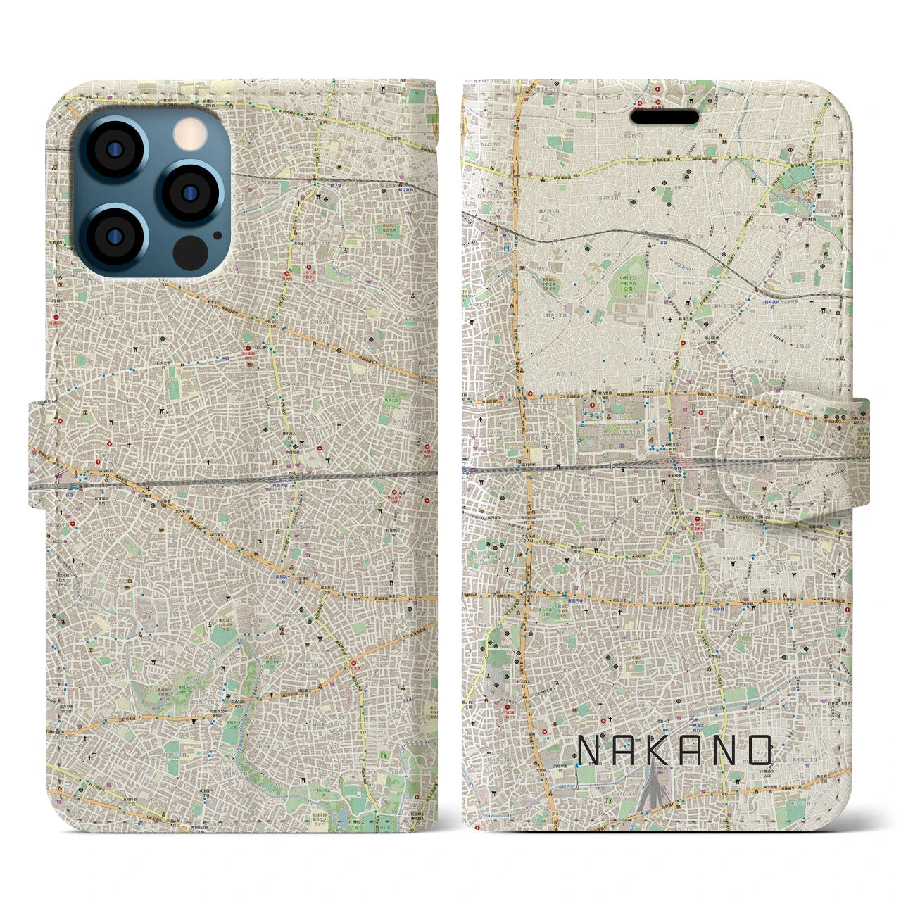 【中野2(東京都)】地図柄iPhoneケース(手帳タイプ)ナチュラル・iPhone 12 / 12 Pro 用