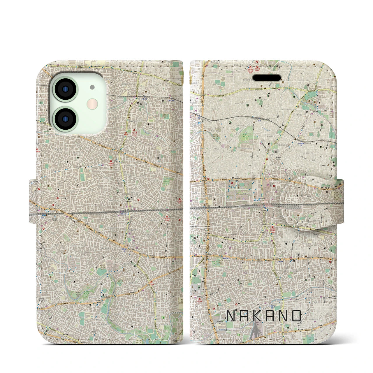 【中野2(東京都)】地図柄iPhoneケース(手帳タイプ)ナチュラル・iPhone 12 mini 用