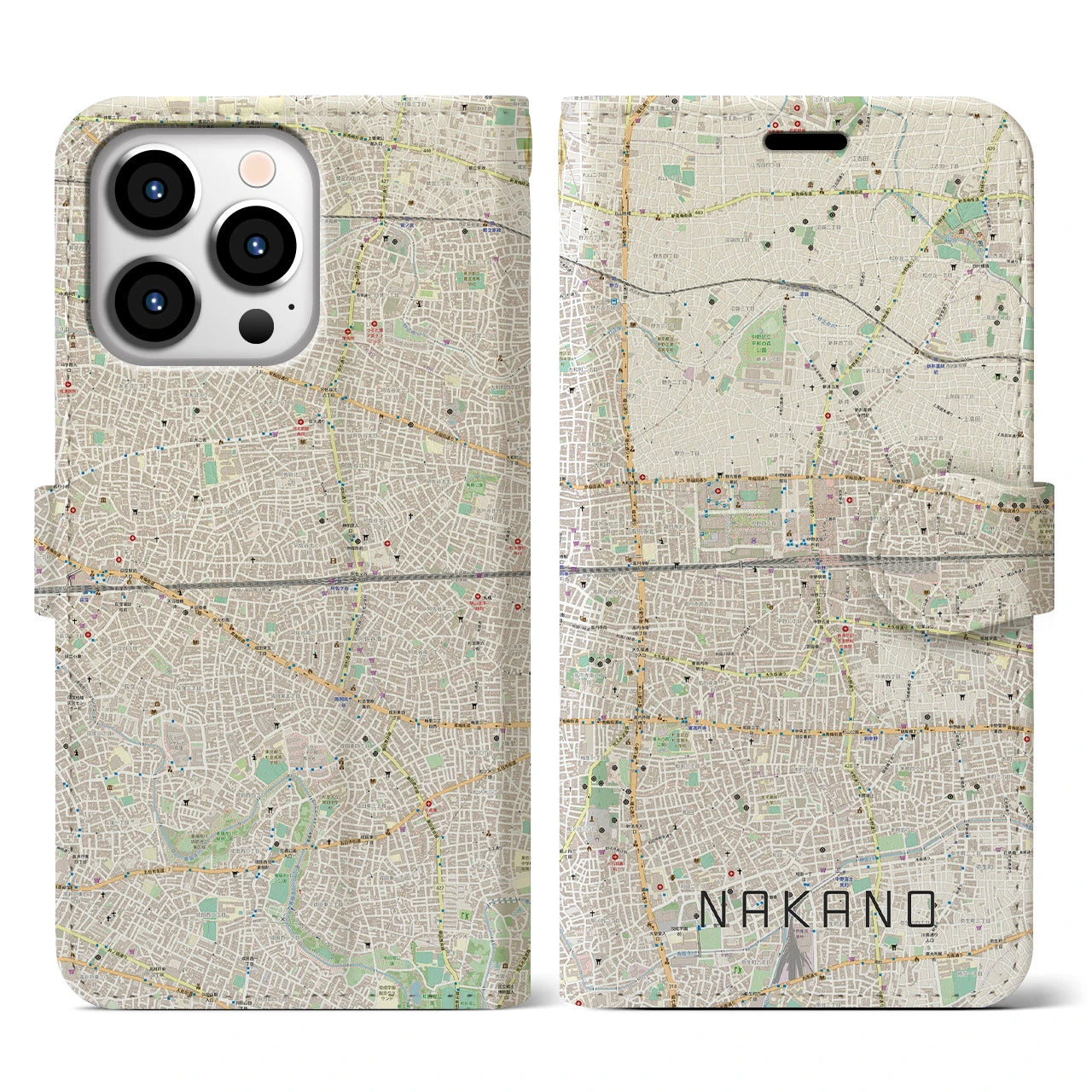 【中野2(東京都)】地図柄iPhoneケース(手帳タイプ)ナチュラル・iPhone 13 Pro 用