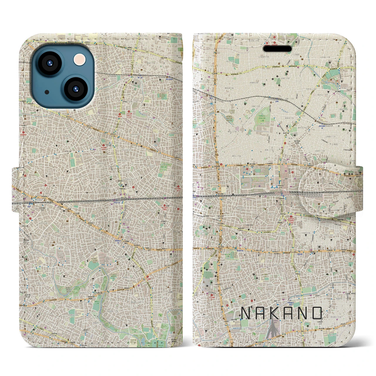 【中野2(東京都)】地図柄iPhoneケース(手帳タイプ)ナチュラル・iPhone 13 用