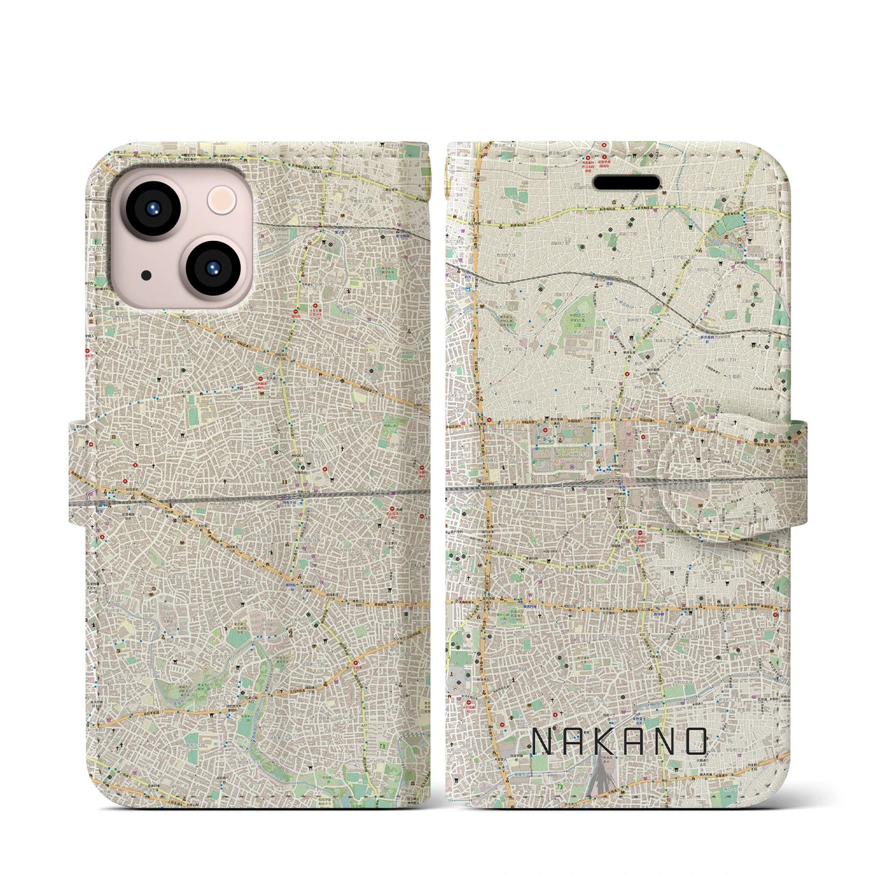 【中野2(東京都)】地図柄iPhoneケース(手帳タイプ)ナチュラル・iPhone 13 mini 用