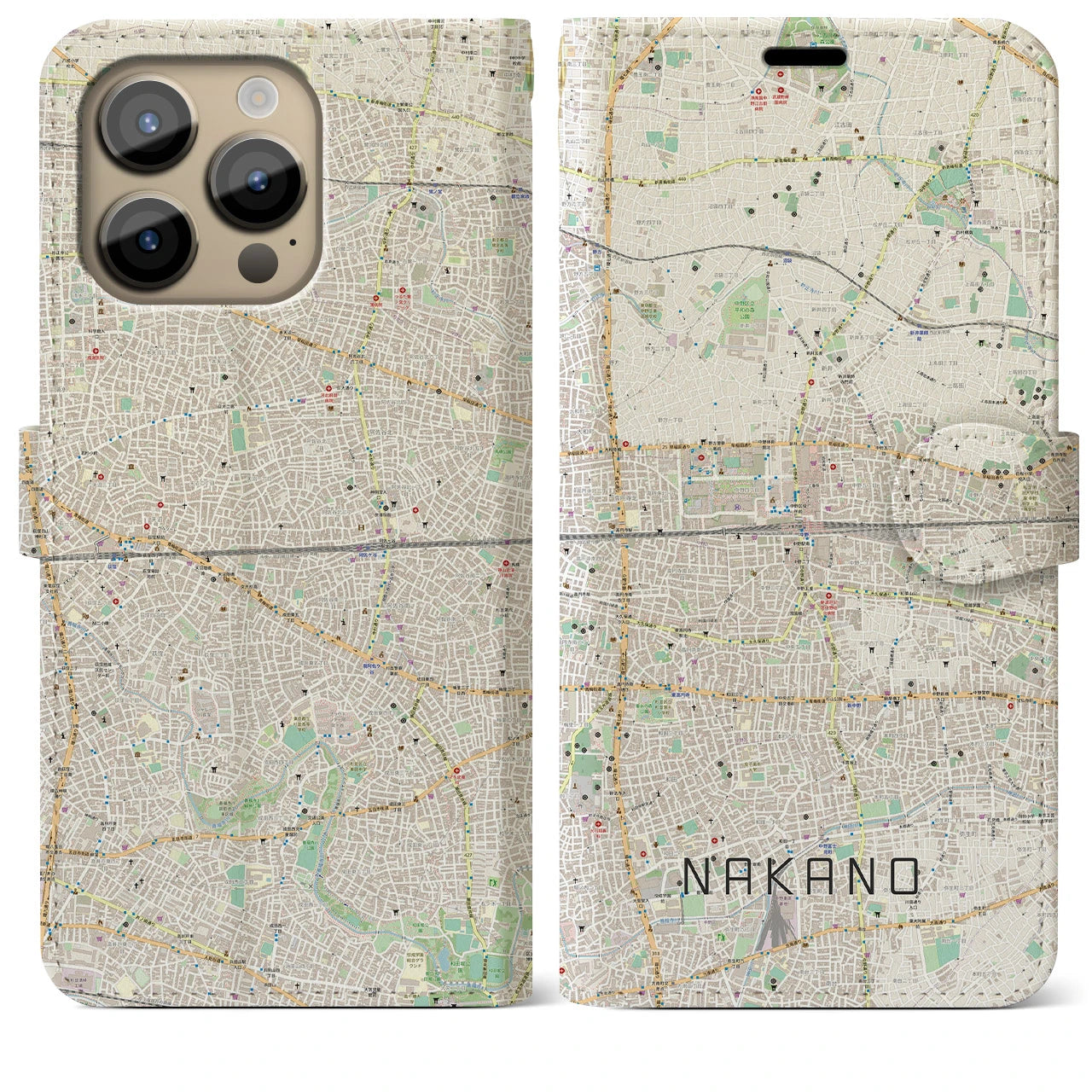 【中野2(東京都)】地図柄iPhoneケース(手帳タイプ)ナチュラル・iPhone 14 Pro Max 用