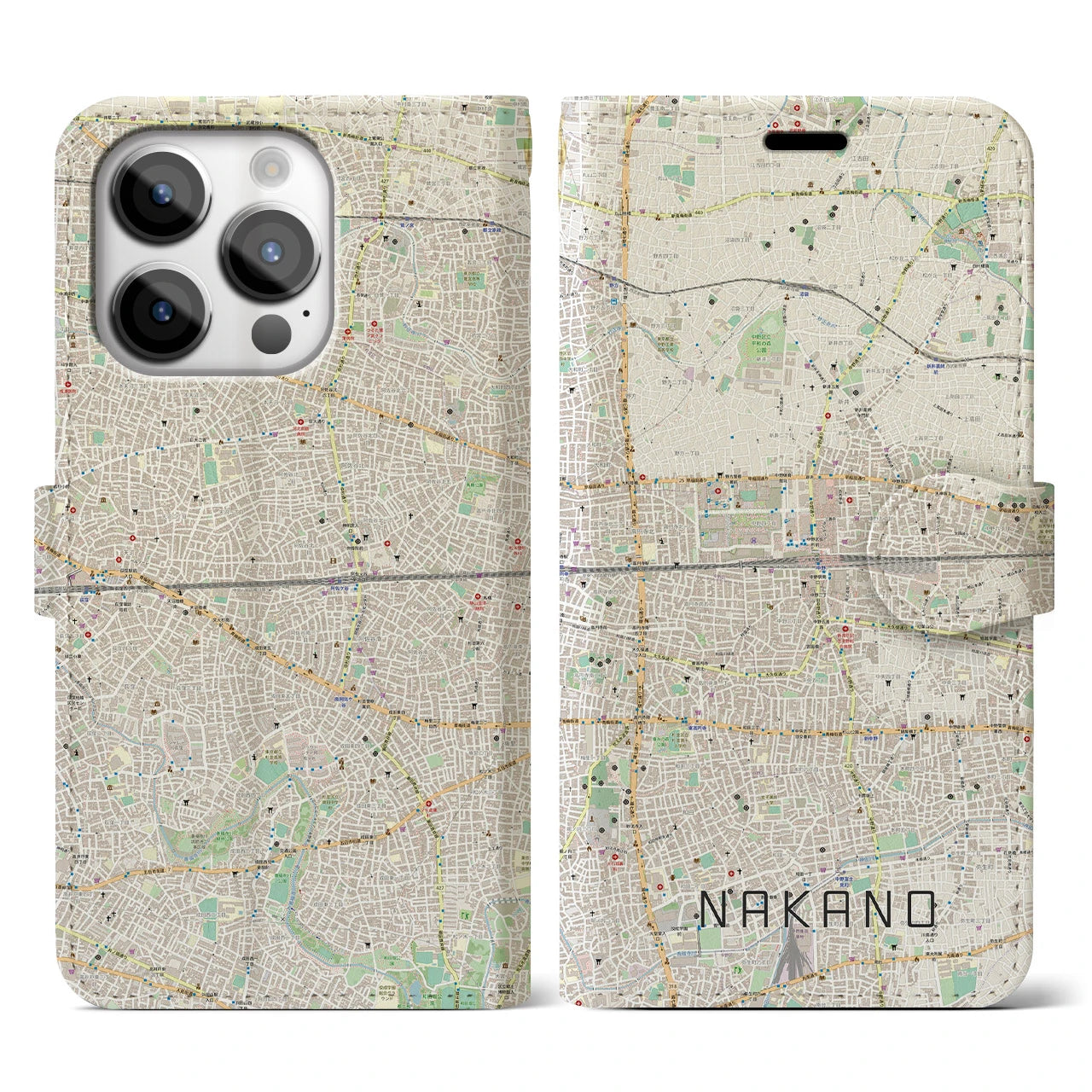 【中野2(東京都)】地図柄iPhoneケース(手帳タイプ)ナチュラル・iPhone 14 Pro 用
