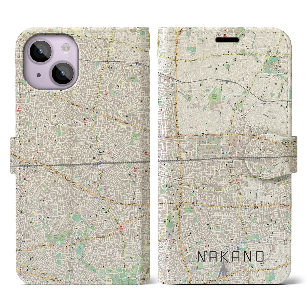 【中野2(東京都)】地図柄iPhoneケース(手帳タイプ)ナチュラル・iPhone 14 用