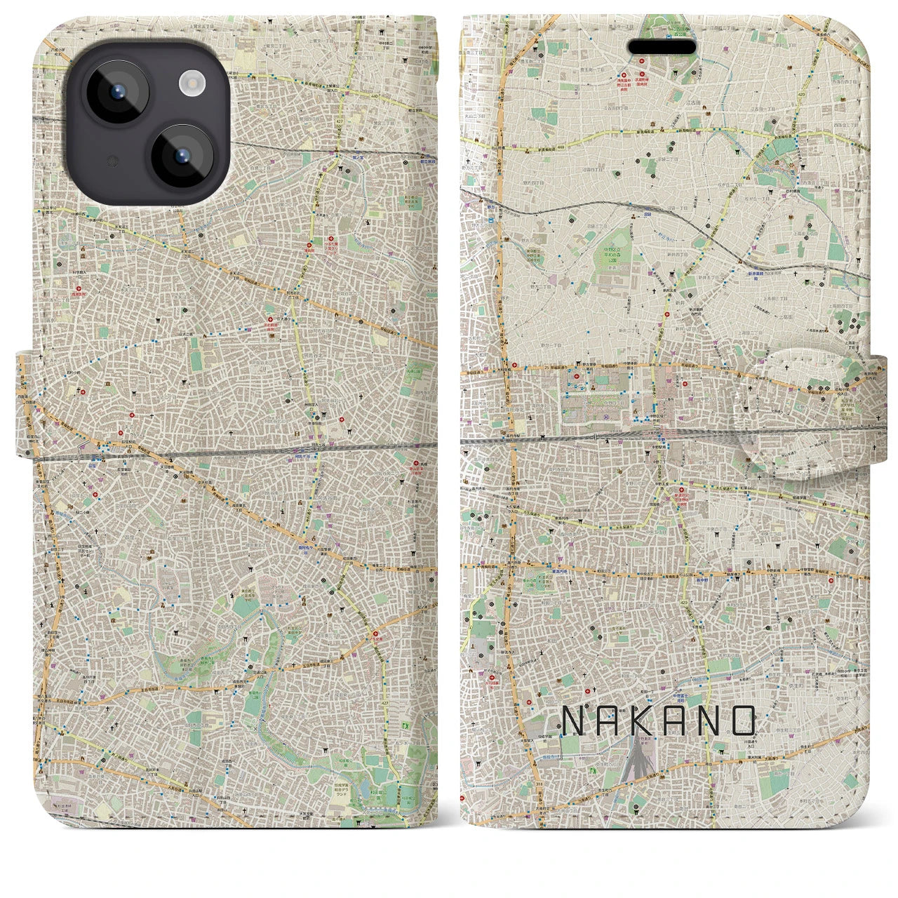 【中野2(東京都)】地図柄iPhoneケース(手帳タイプ)ナチュラル・iPhone 14 Plus 用