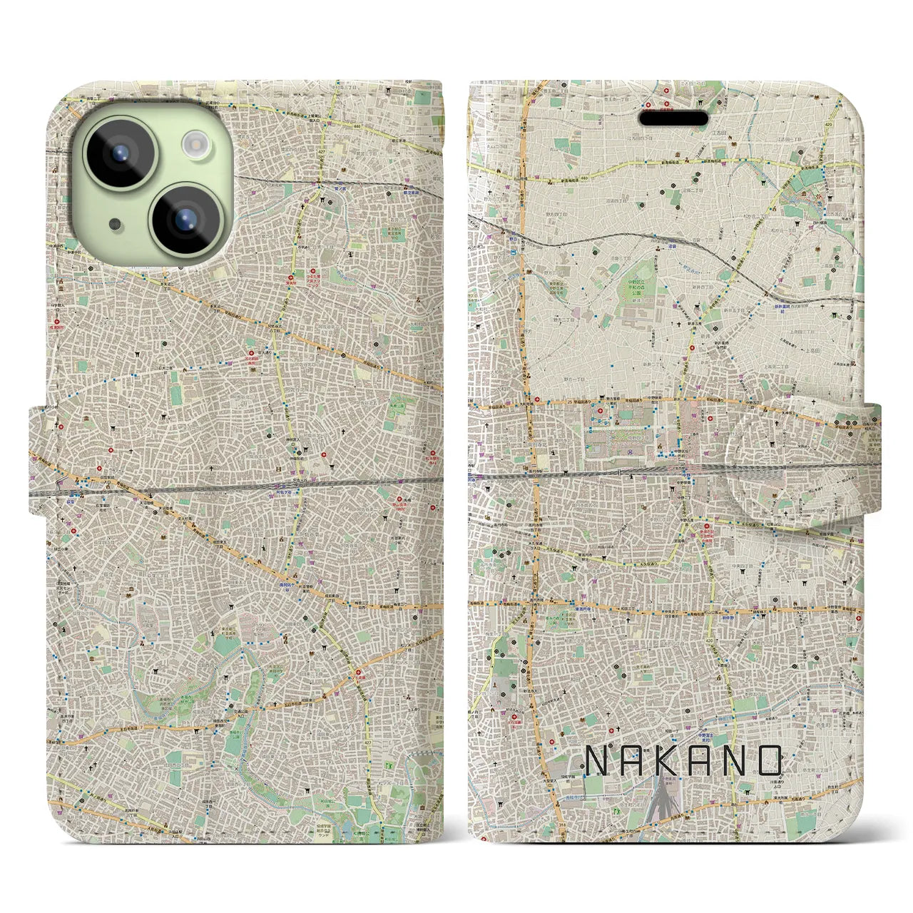 【中野2(東京都)】地図柄iPhoneケース(手帳タイプ)ナチュラル・iPhone 15 用