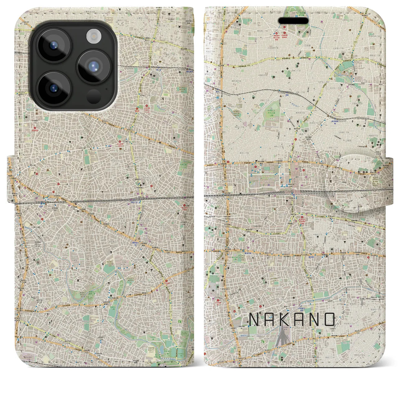 【中野2(東京都)】地図柄iPhoneケース(手帳タイプ)ナチュラル・iPhone 15 Pro Max 用