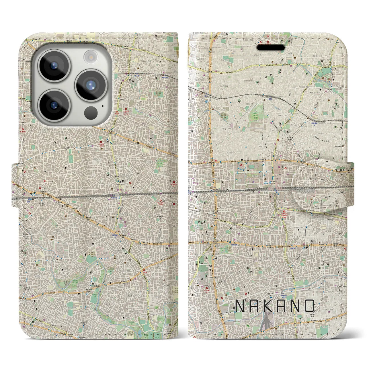 【中野2(東京都)】地図柄iPhoneケース(手帳タイプ)ナチュラル・iPhone 15 Pro 用