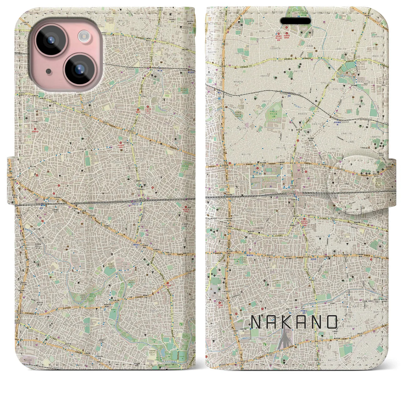 【中野2(東京都)】地図柄iPhoneケース(手帳タイプ)ナチュラル・iPhone 15 Plus 用