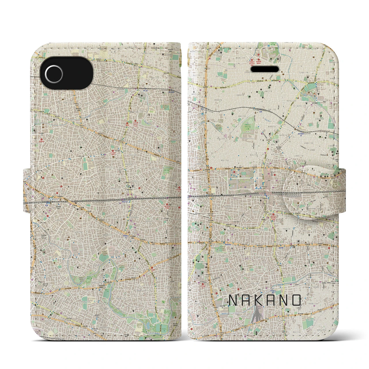 【中野2(東京都)】地図柄iPhoneケース(手帳タイプ)ナチュラル・iPhone SE(第3 / 第2世代) / 8 / 7 / 6s / 6 用
