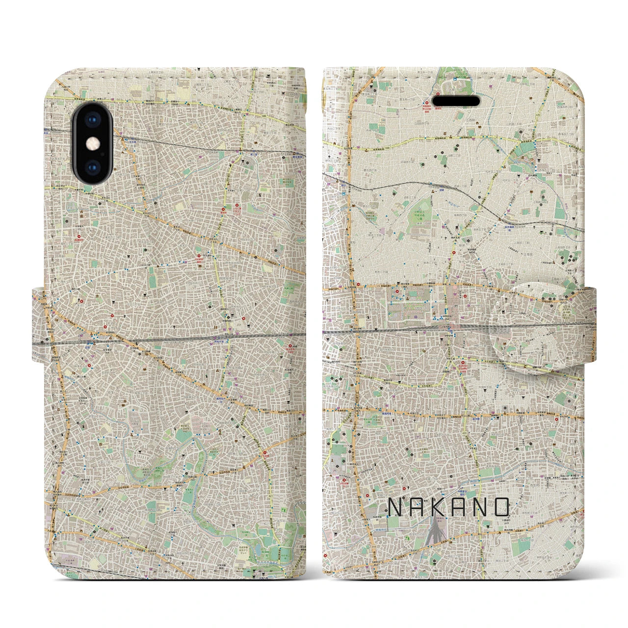 【中野2(東京都)】地図柄iPhoneケース(手帳タイプ)ナチュラル・iPhone XS / X 用