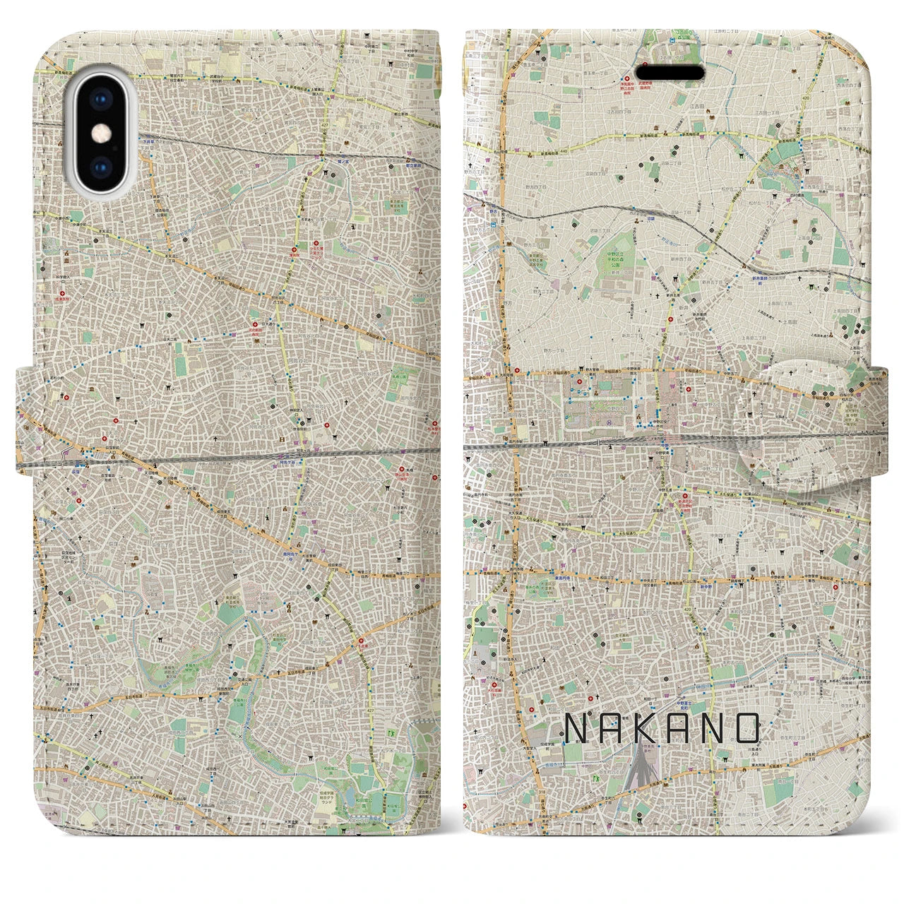 【中野2(東京都)】地図柄iPhoneケース(手帳タイプ)ナチュラル・iPhone XS Max 用